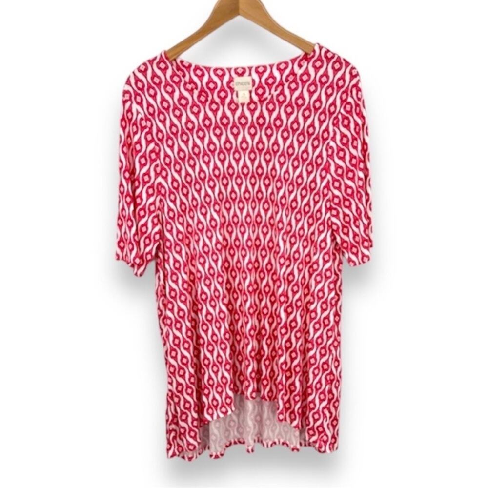 Chico’s blouse XL red white geometric print high low hem short sleeve tunic top